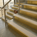 Brass stair nosings with smooth Portland stone inserts on stone steps beside a glass balustrade