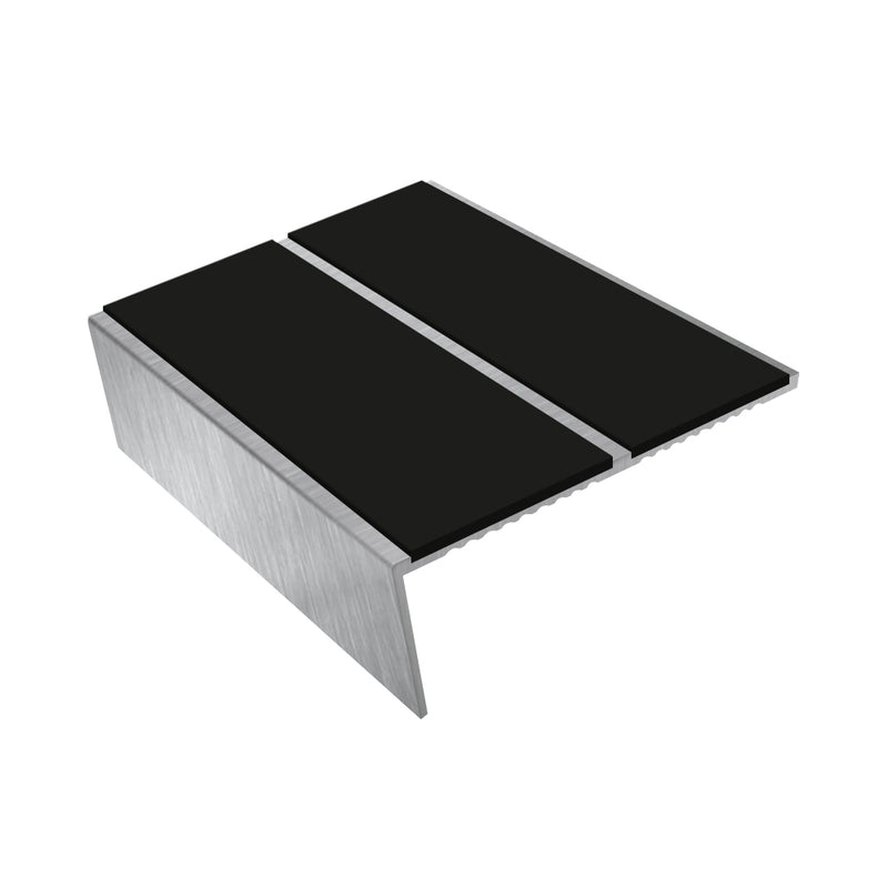 Rake Back Double Channel Aluminium Stair Nosing, 2.75m Length, 85mm Tread, Slip-Resistant PVC Inserts, Ideal for Vinyl, Lino & Lightweight Carpets