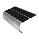 Aluminum bullnose stair nosing with black anti-slip inserts and brushed metal finish for safety