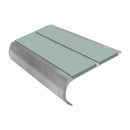 Anti-slip bullnose stair nosing in sage green with mill finish aluminum construction and curved edge