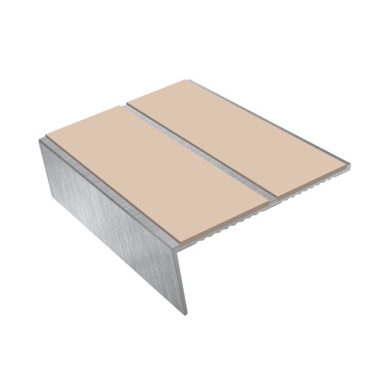 Rake Back Double Channel Aluminium Stair Nosing, 2.44m Length, 85mm Tread, Slip-Resistant PVC Inserts, Ideal for Vinyl, Lino & Lightweight Carpets