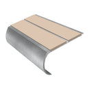 Bullnose aluminum anti slip stair nosing with dual beige insert strips and curved metal edge profile
