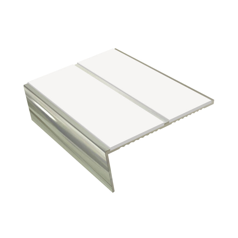 Rake Back Double Channel Aluminium Stair Nosing, 2.75m Length, 85mm Tread, Slip-Resistant PVC Inserts, Ideal for Vinyl, Lino & Lightweight Carpets