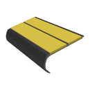 Yellow anti-slip bullnose stair nosing with black aluminum base and PVC insert strips for safety