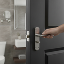 Premium Satin Chrome Lever on Backplate Bathroom Door Handle Set with Privacy Lock and Matching Hinges for Modern Spaces