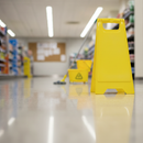 Yellow A-frame folding safety sign deployed on a wet supermarket floor beside a mop and bucket