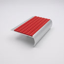 Aluminium bullnose stair nosing 66.5x30mm, satin finish with red castellated PVC insert, studio view