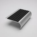 Aluminium bullnose stair nosing 68x40mm, mill aluminium with black castellated PVC insert, studio product shot
