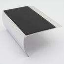 69x40mm aluminium bullnose stair nosing with a black PVC insert, studio view showing the deep curved front face and tapered rear edge