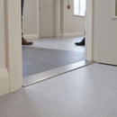 38mm aluminium cover strip in Designer Satin fitted across an office corridor doorway between vinyl and porcelain tile