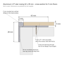 Cross-section drawing of the 42x28mm aluminium LVT stair nosing showing the 5mm floor recess, 7mm lip and 28mm riser leg