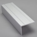 Matt silver aluminium stair nosing 25mm x 10mm shown alone on a plain studio background, L-angle and grooved top face visible