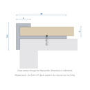 Dimensioned cross-section of the 28 x 14.5mm push-in stair nosing showing the 8mm x 5mm plank channel and the screw fixing through the base plate