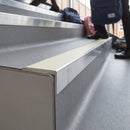 Aluminium Stair Nosing 59mm Tread Raked Back Profile in mill aluminium finish fitted on a step edge