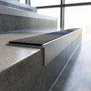 Aluminium Stair Nosing 59mm Tread Slimline Square-Back Profile in mill-aluminium finish fitted on a step edge