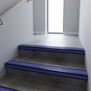 Black Anodised finish with Mid Blue Castellated insert - Aluminium Stair Nosing 63.3x30mm Square Front fitted to a step edge