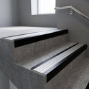 Black Anodised finish with Satin Aluminium insert - Slimline Square Back Stair Nosing 59x30mm Aluminium fitted to a step edge