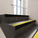 Black Anodised finish with Yellow Castellated insert - Slimline Square Back Stair Nosing 59x30mm Aluminium fitted to a step edge