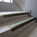 Bronze finish with Jade Castellated insert - Aluminium Stair Nosing 63.3x30mm Square Front fitted to a step edge