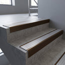 Bronze finish with Polished Aluminium insert - Aluminium Stair Nosing 59x30mm Square Back fitted to a step edge