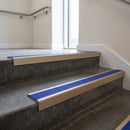 Light Bronze square edge aluminium stair nosing with Mid Blue Castellated infill, fitted to a concrete step