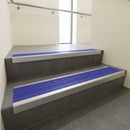 Mill Aluminium finish with Mid Blue Castellated insert - Aluminium Stair Nosing 59x30mm Slimline Square Back fitted to a step edge