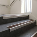 Mill Aluminium finish with Peat Castellated insert - Aluminium Stair Nosing 59x30mm Slimline Square Back fitted to a step edge