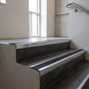 Polished Aluminium finish with Black Castellated insert - Aluminium Stair Nosing 59x30mm Slimline Square Back fitted to a step edge