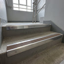 Polished Aluminium finish with Fawn Castellated insert - Aluminium Stair Nosing 59x30mm Slimline Square Back fitted to a step edge
