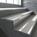 Polished Aluminium square edge aluminium stair nosing with Light Grey Smooth Textured infill, fitted to a concrete step