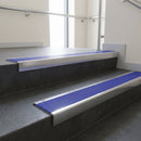 Polished Aluminium finish with Mid Blue Castellated insert - Aluminium Stair Nosing 59x30mm Slimline Square Back fitted to a step edge