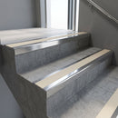 Polished Aluminium finish with Porth Stone Castellated insert - Aluminium Stair Nosing 59x30mm Slimline Square Back fitted to a step edge