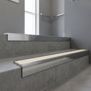 Polished Aluminium square edge aluminium stair nosing with Porth Stone Smooth Textured infill, fitted to a concrete step