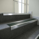 Polished Aluminium finish with Spruce Castellated insert - Aluminium Stair Nosing 59x30mm Slimline Square Back fitted to a step edge