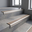Satin Aluminium finish with Fawn Castellated insert - Aluminium Stair Nosing 59x30mm Slimline Square Back fitted to a step edge