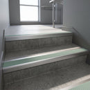 Satin Aluminium finish with Jade Castellated insert - Aluminium Stair Nosing 59x30mm Slimline Square Back fitted to a step edge