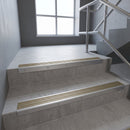 Satin Aluminium finish with Light Bronze Aluminium insert - Aluminium Stair Nosing 59x30mm Slimline Square Back fitted to a step edge