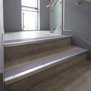 Satin Aluminium finish with Nimbus Castellated insert - Aluminium Stair Nosing 59x30mm Slimline Square Back fitted to a step edge