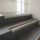 Satin Aluminium finish with Olive Castellated insert - Aluminium Stair Nosing 59x30mm Slimline Square Back fitted to a step edge