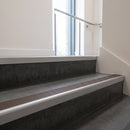 Satin Aluminium finish with Peat Castellated insert - Aluminium Stair Nosing 59x30mm Slimline Square Back fitted to a step edge