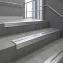 Satin Aluminium finish with Polished Aluminium insert - Aluminium Stair Nosing 59x30mm Slimline Square Back fitted to a step edge