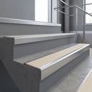 Satin Aluminium finish with Porth Stone Castellated insert - Aluminium Stair Nosing 59x30mm Slimline Square Back fitted to a step edge