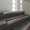 Satin Aluminium finish with Rustic Castellated insert - Aluminium Stair Nosing 59x30mm Slimline Square Back fitted to a step edge