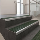 Satin Aluminium finish with Spruce Castellated insert - Aluminium Stair Nosing 59x30mm Slimline Square Back fitted to a step edge