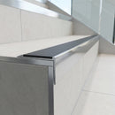 Aluminium Stair Nosing 63.5mm Tread Raked Back Single Channel in polished aluminium finish fitted on a step edge