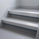 Mill Aluminium insert in a cut to size 66x55mm aluminium stair nosing with 13mm Light Grey riser highlight, fitted to interior steps