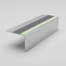 67x55mm square edge aluminium stair nosing profile showing the green photoluminescent strip and grey PVC insert