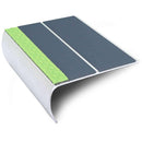87x40mm bullnose aluminium stair nosing with twin Cobalt Blue anti-slip inserts and a photoluminescent strip along the front edge