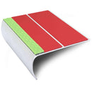 87x40mm bullnose aluminium stair nosing with twin Red anti-slip inserts and a photoluminescent strip along the front edge