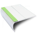87x40mm bullnose aluminium stair nosing with twin White anti-slip inserts and a photoluminescent strip along the front edge